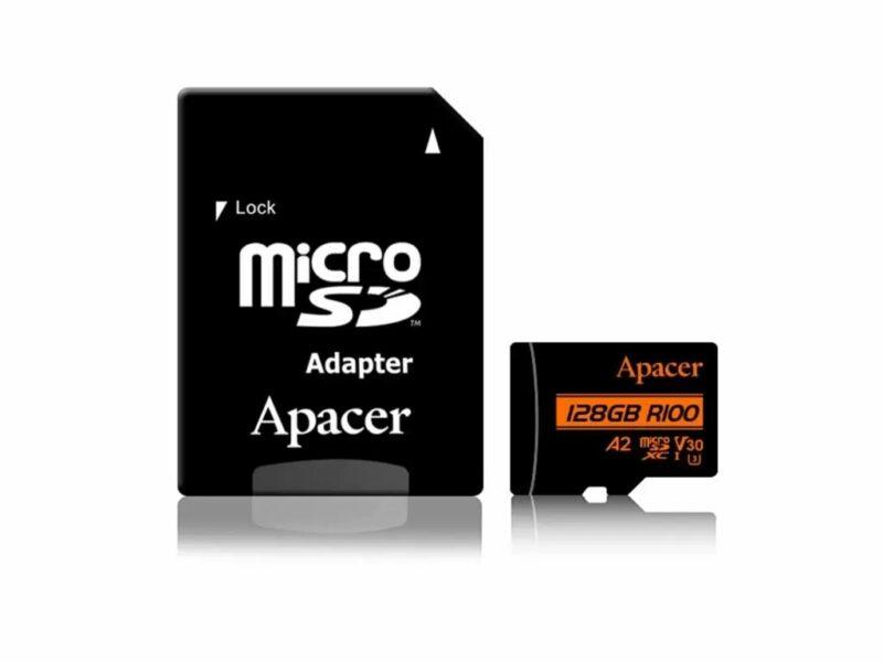 Card microsdxc uhs i u3 v30 a2 apacer 128gb r100 cu adaptor sd ap128gmcsx10u8 r
