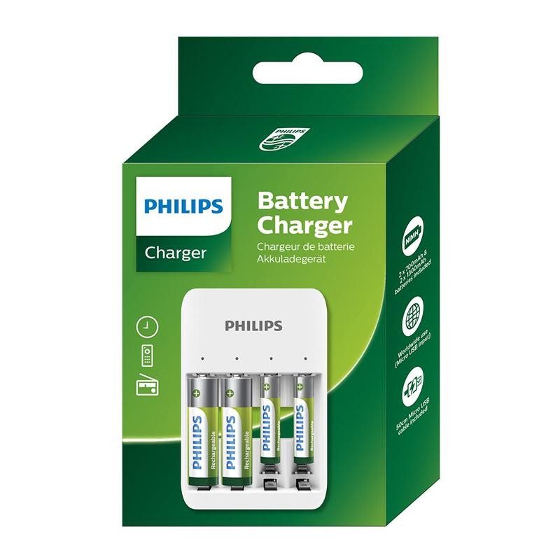 Incarcator usb philips cu indicatoare led 1 4 aa aaa nimh inclus 2x aaa 800mah 2x aa 1300mah scb4013nb 00