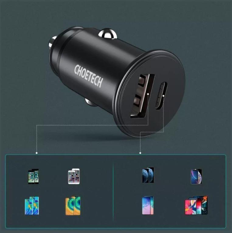 Incarcator Auto Choetech Tc0006 V2 1x Usb Type C 1x Usb A 30w Qc 30 Power Delivery Negru