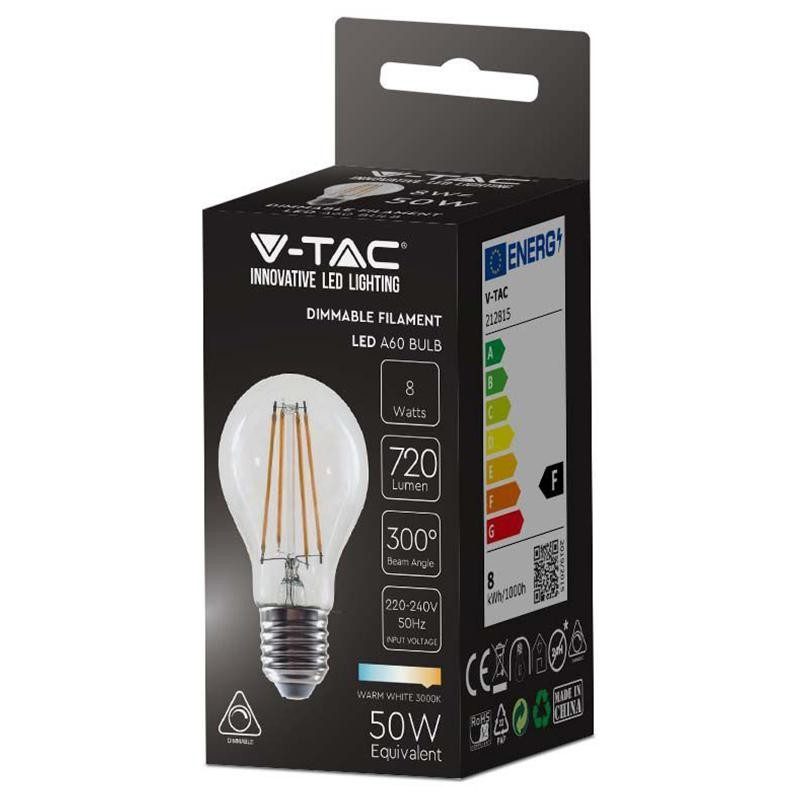 Bec E27 A60 Cu Filament Dimabil Led 8w 700lm 3000k Alb Cald V Tac Sku 212815