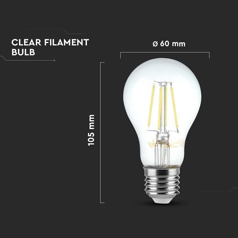 Bec E27 A60 Cu Filament Dimabil Led 8w 700lm 3000k Alb Cald V Tac Sku 212815