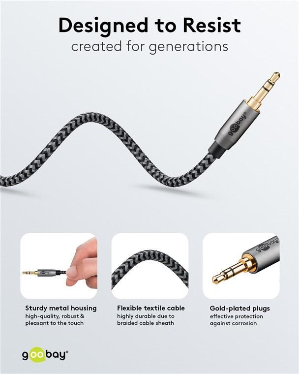 Cablu Audio Stereo Aux Jack 35 Mm Tata Tata 05m Premium Extrem De Flexibil Textil Negru Goobay Plus 65272