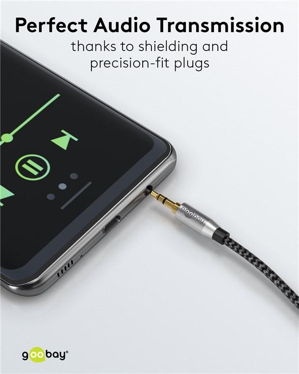 Cablu Audio Stereo Aux Jack 35 Mm Tata Tata 1m Premium Extrem De Flexibil Textil Negru Goobay Plus 65273