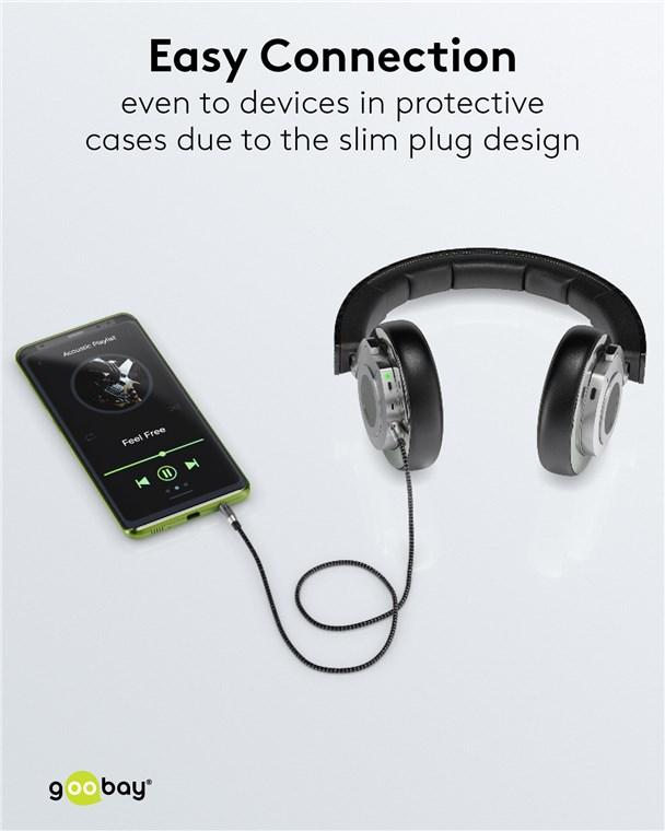 Cablu Audio Stereo Aux Jack 35 Mm Tata Tata 1m Premium Extrem De Flexibil Textil Negru Goobay Plus 65273