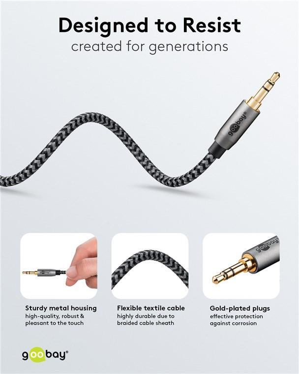 Cablu Audio Stereo Aux Jack 35 Mm Tata Tata 3m Premium Extrem De Flexibil Textil Negru Goobay Plus 65275