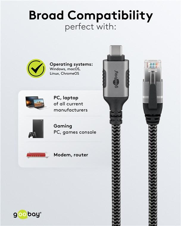 Cablu Lan Ethernet Usb C 31 La Rj45 15m Cat6 Compatibil Si Pt Apple Thunderbolt 3 Negru Goobay 70697