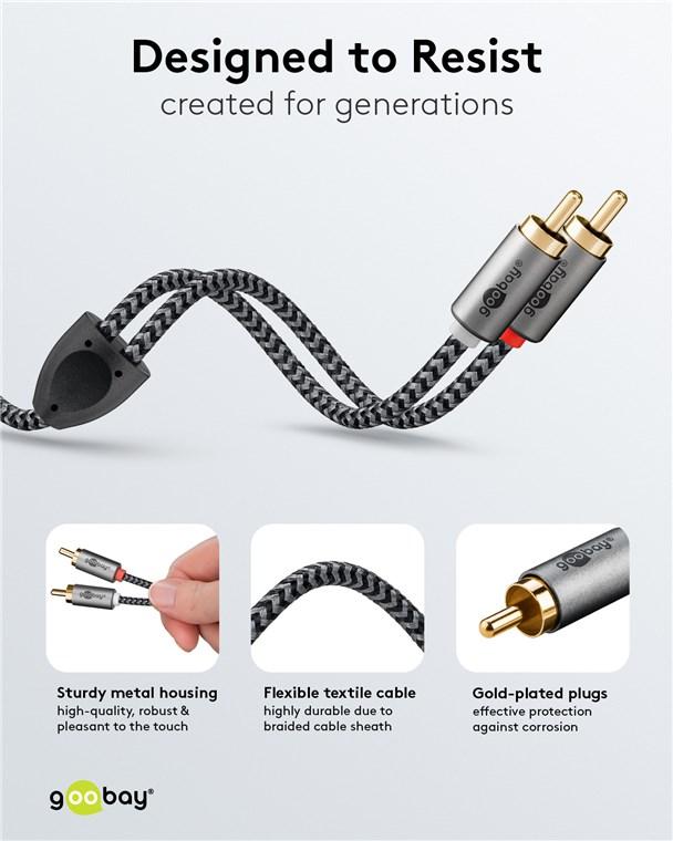 Cablu Stereo 2x Rca Tata Tata 1m Premium Extrem De Flexibil Textil Negru Goobay Plus 65292