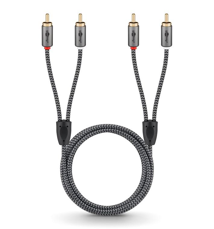 Cablu Stereo 2x Rca Tata Tata 2m Premium Extrem De Flexibil Textil Negru Goobay Plus 65293