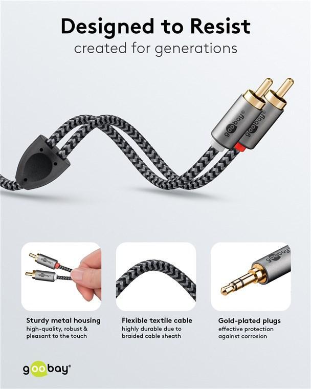 Cablu Stereo Premium Extrem De Flexibil Textil 5m Jack 35 Mm Tata 2x Rca Tata Negru Goobay Plus 65290