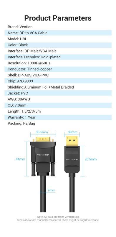 Cablu Displayport Vga 2m 1080p 60hz 30awg Aurit Negru Vention Hblbh