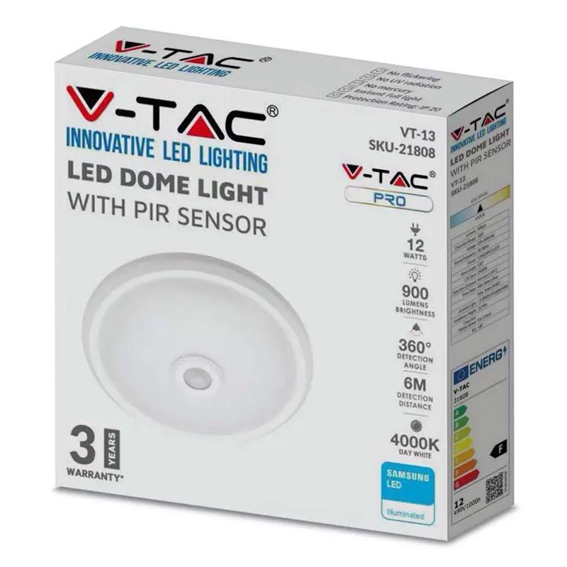 Plafoniera Led 12w 900lm Ip20 Cu Senzor De Miscare 6400k Alb Rece V Tac Sku 21809