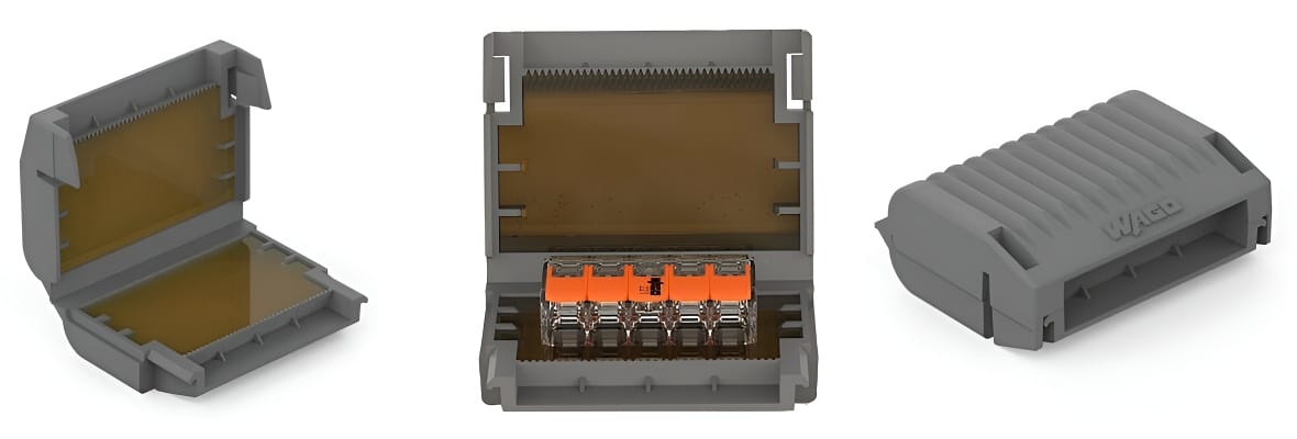 WAGO GELBOX 5 poli derivatie cabluri pentru conectori seriile 221/ 2273 max. 4mm2 IPX8 gri 207-1332 16 Wago Gelbox 5 Poli Derivatie Cabluri Pentru Conectori Seriile 221 2273 Max, 4mm2 Ipx8 Gri 207 1332