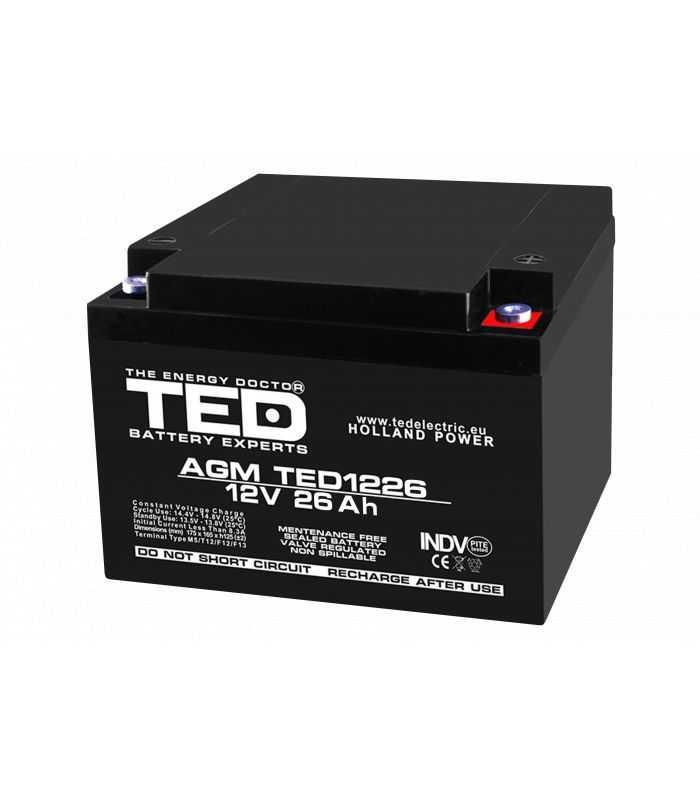 Acumulator Agm Vrla 12v 26ah Plumb Acid 165x175x125 Mm M5 Terminal Ted Battery Expert Holland