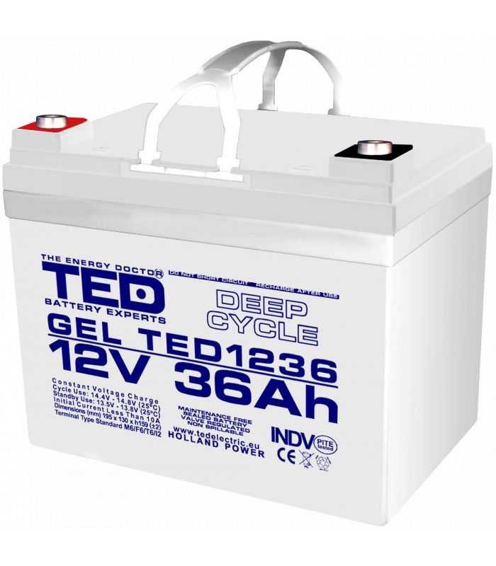 Acumulator AGM VRLA 12V 36Ah Plumb GEL Deep Cycle 195x128x155 mm M6 terminal TED Battery Expert Holland