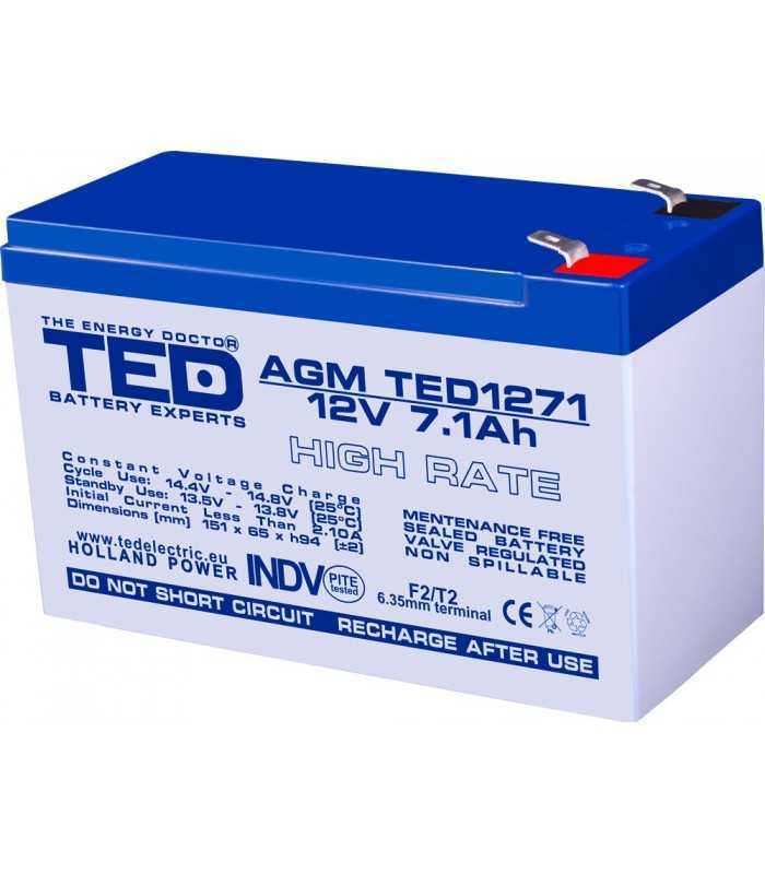 Acumulator AGM VRLA 12V 7.1A High Rate 151x65x95mm F2 TED Battery Expert Holland