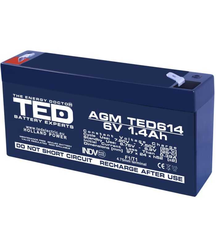 Acumulator AGM VRLA 6V 1.4Ah plumb acid 97x24x52 mm F1 terminal TED Battery Expert Holland