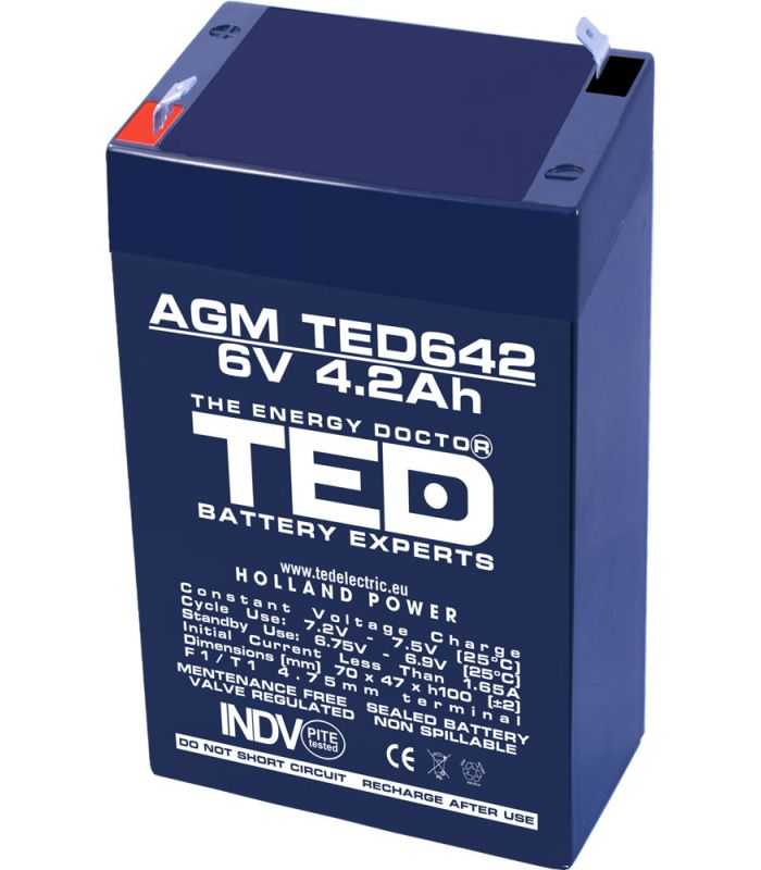 Acumulator AGM VRLA 6V 4.2Ah plumb acid 70x47x100 mm F1 terminal TED Battery Expert Holland