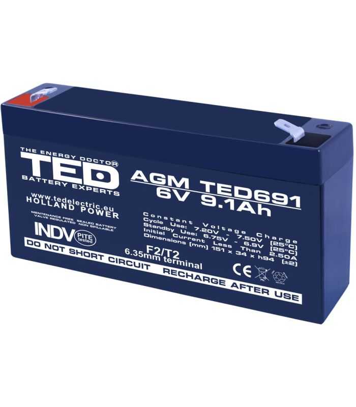 Acumulator AGM VRLA plumb acid 6V 9.1A 151x34xh95mm F2 TED Battery Expert Holland TED002990 5949258002990