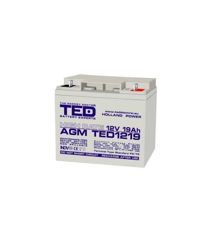 Acumulator TED 12V 19Ah High Rate AGM plumb acid 181mm x 76mm x h167mm TED1219HRF3