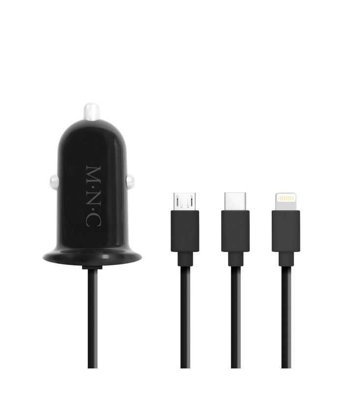 Adaptor 3in1 pentru bricheta auto 12-24V - USB + cablu Lightning Micro USB si USB Type-C 3.1A negru M`N`C 54920BK