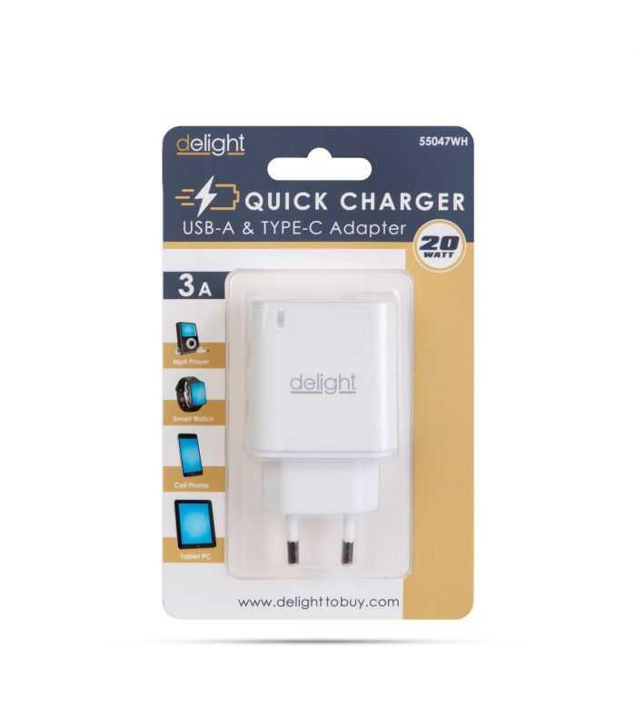 Adaptor De Retea Qc30 Usb Usb Type C Pd 20w Cu Incarcare Rapida Alb Delight 55047wh