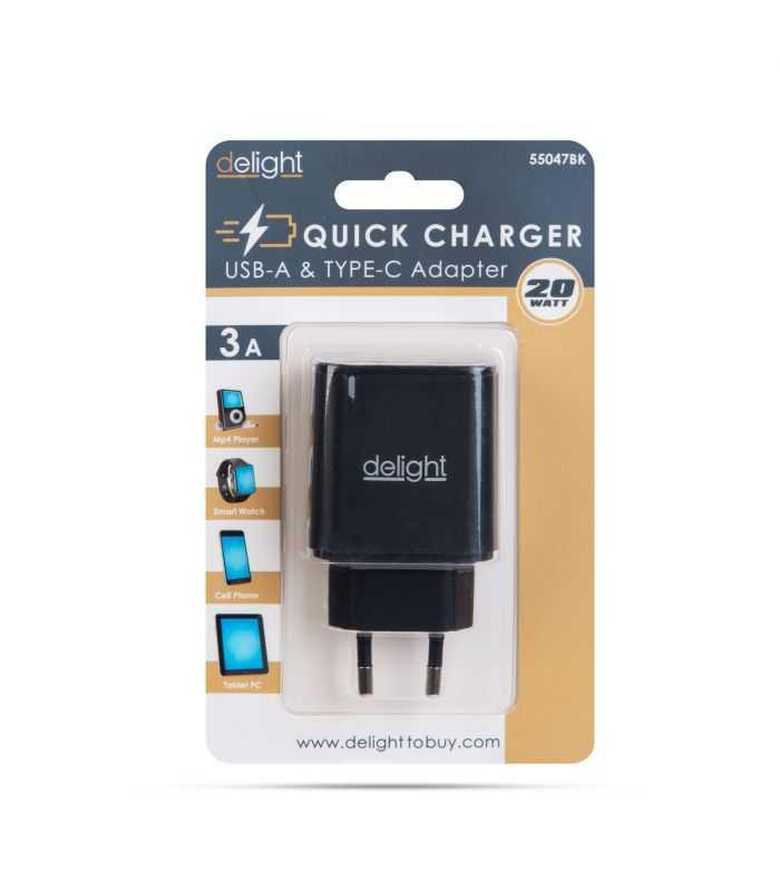 Adaptor De Retea Usb Qc30 Usb Type C Pd 20w Cu Incarcare Rapida Negru Delight 55047bk