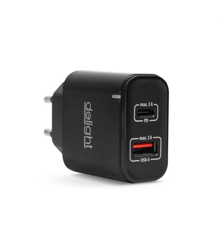 Adaptor de retea USB QC3.0 + USB Type C PD 20W cu incarcare rapida negru Delight 55047BK