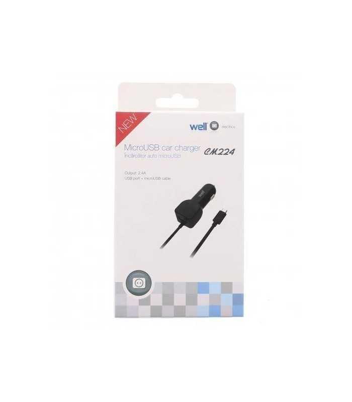 alimentator usb bricheta auto cu cablu micro usb 2 iesiri 24a negru well 2