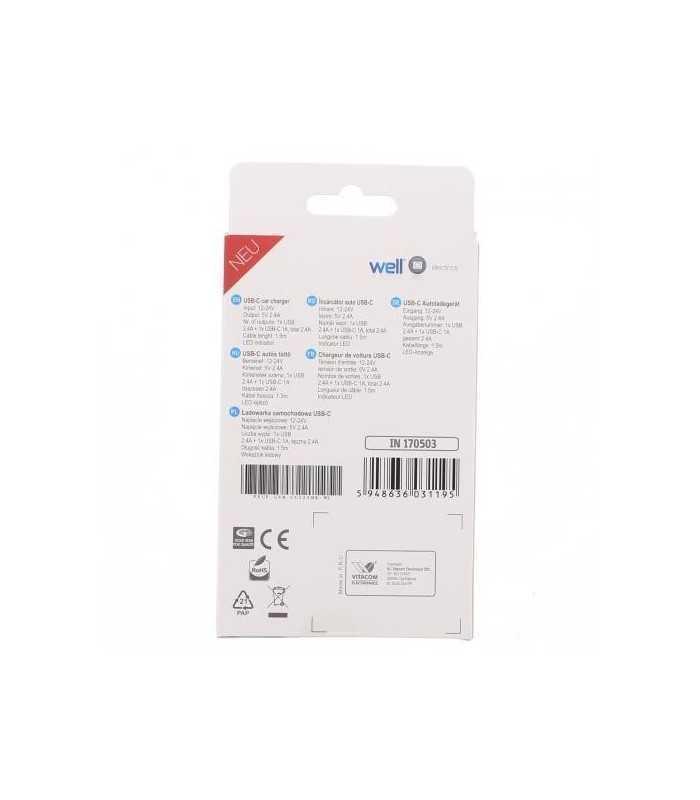 alimentator usb bricheta auto cu cablu usb c 2 iesiri 24a negru well 2