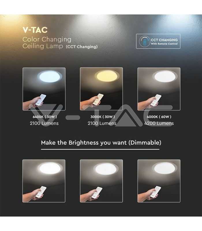 aplica led 40w 3in1 dimabil cu telecomanda 2800lm ip20 v tac sku 14741 2