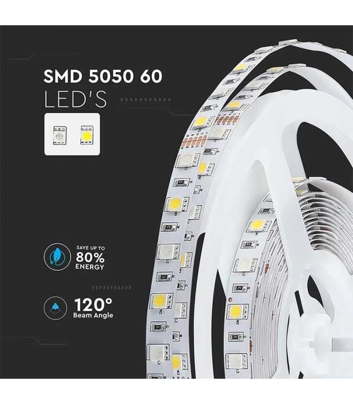 Banda Led Smd5050 60led M Rgb Alb Rece 6500k 12v Ip20 5m V Tac Sku 212159