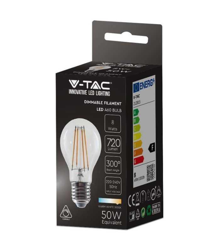 Bec E27 A60 Cu Filament Dimabil Led 8w 700lm 3000k Alb Cald V Tac Sku 212815