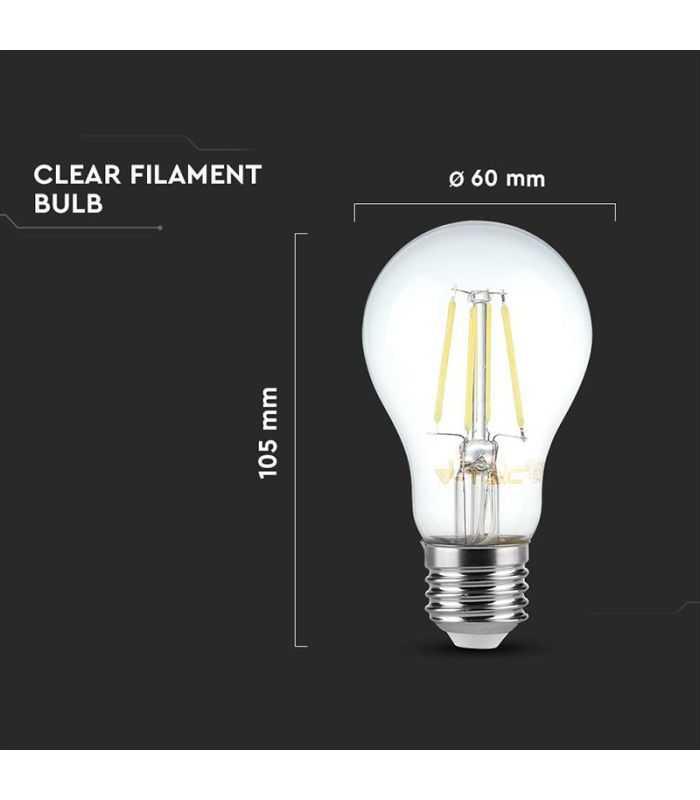 Bec E27 A60 Cu Filament Dimabil Led 8w 700lm 3000k Alb Cald V Tac Sku 212815