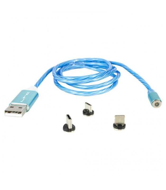 cablu 1m 3in1 usb type c iphone micro usb iluminat led albastru 1