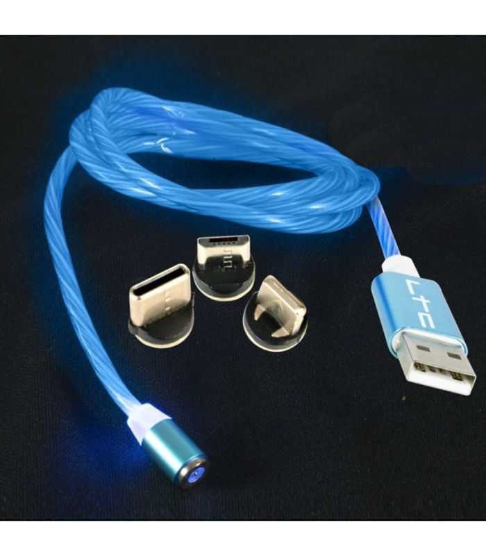 Cablu 1m 3in1 USB TYPE C iPhone Micro USB iluminat LED albastru