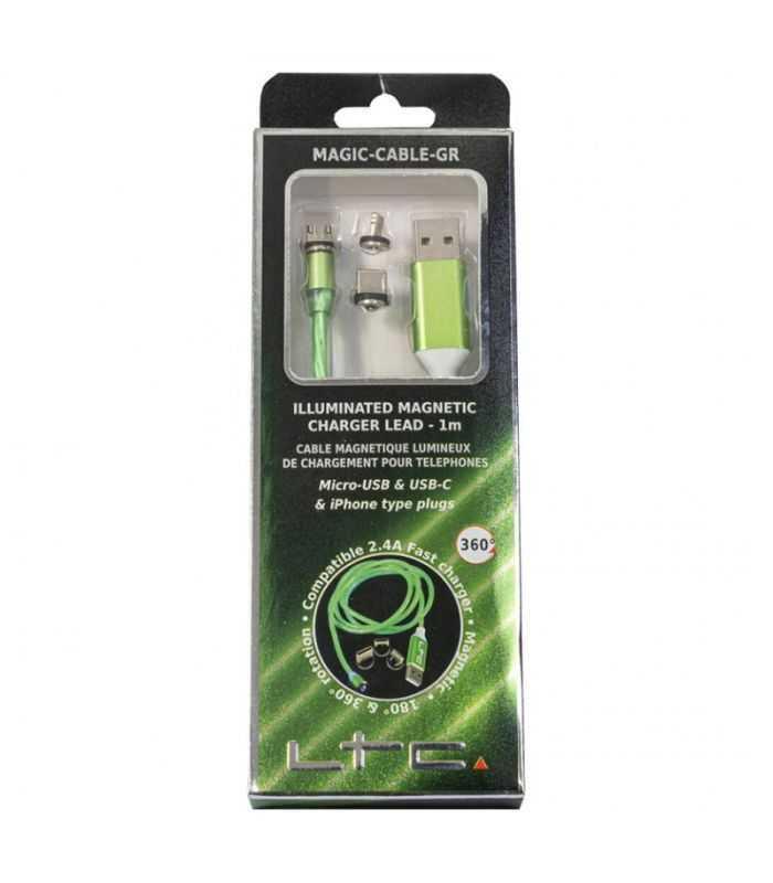 cablu 1m 3in1 usb type c iphone micro usb iluminat led verde 3