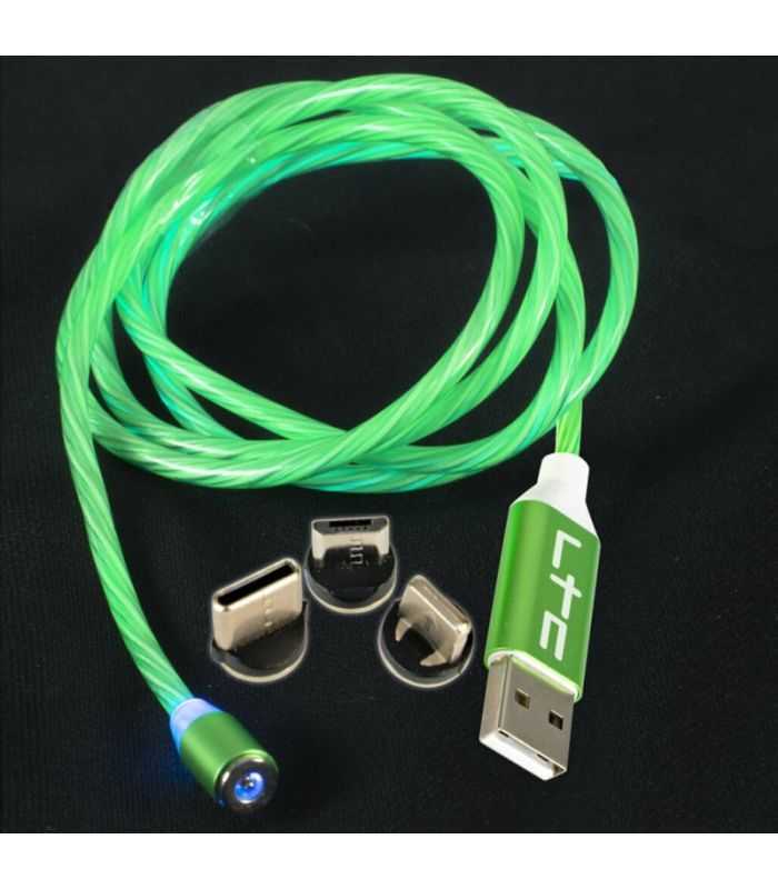 Cablu 1m 3in1 USB TYPE C iPhone Micro USB iluminat LED verde