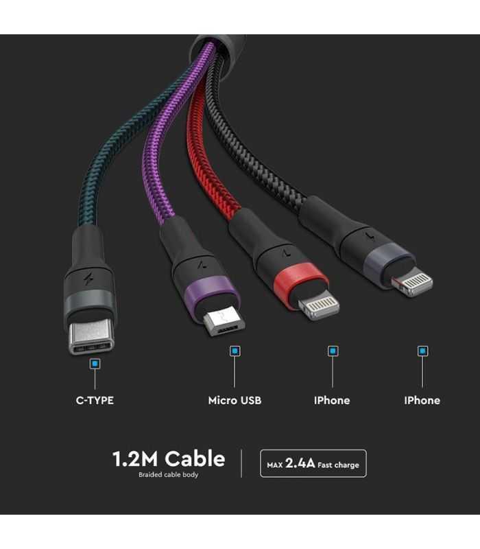Cablu 4in1 Usb Type C Micro Usb Lightning Usb 24a 12m V Tac Sku 7748