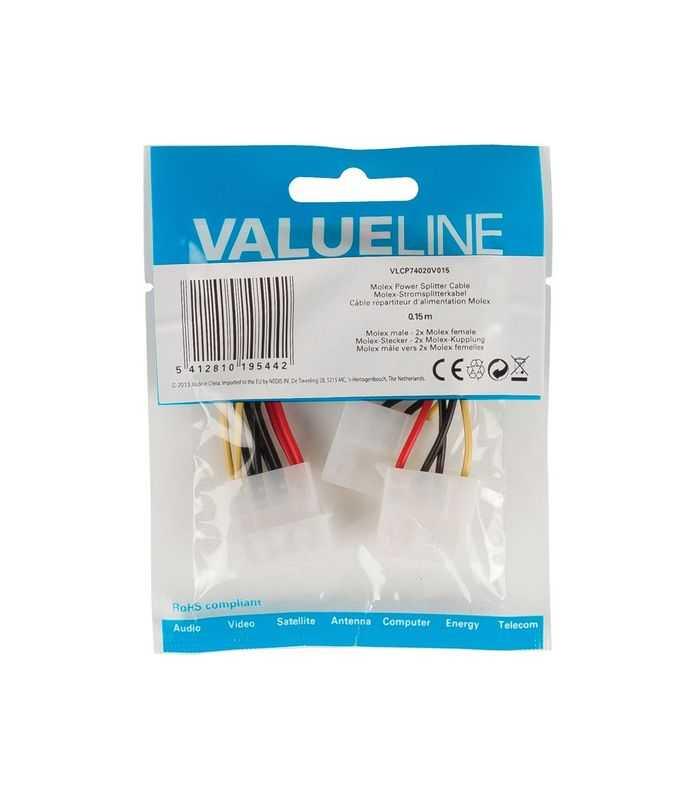 cablu adaptor intern pc sursa molex tata 2x molex mama 015m valueline 1