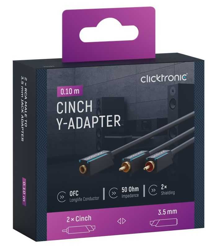 Cablu adaptor Profesional Jack 3.5 mm mama - 2x RCA tata OFC cupru 10cm dublu ecranat aurit Clicktronic 70493