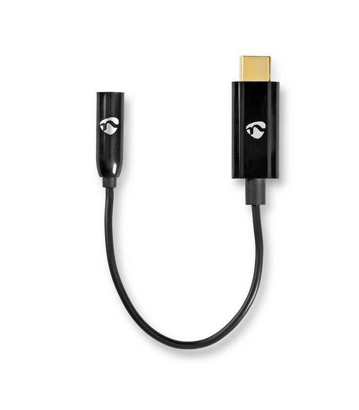 Cablu adaptor USB TYPE C tata - Jack 3.5 mm mama 15cm aurit negru Nedis