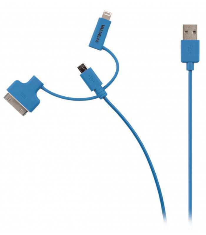 Cablu alimentare si sincronizare albastru USB 2.0 - micro USB +adaptor lightning +Apple Dock 30pini 1m cupru Valueline