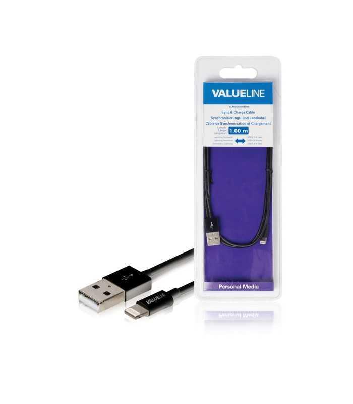 Cablu alimentare si sincronizare pentru iPad iPhone iPod Apple lightning - USB 2.0 A tata 1m negru VALUELINE