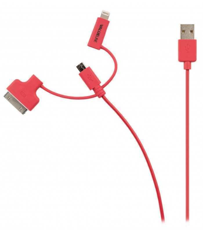 Cablu alimentare si sincronizare rosu USB 2.0 - micro USB +adaptor lightning +Apple Dock 30pini 1m cupru Valueline