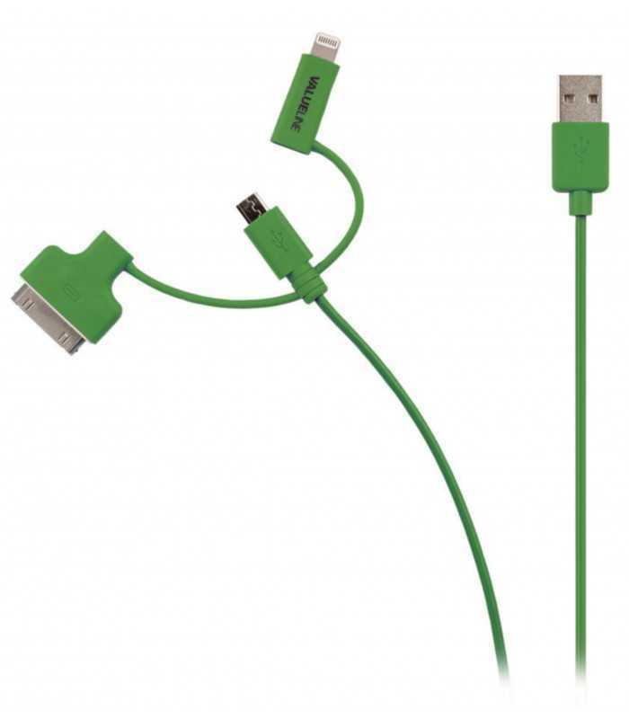 Cablu alimentare si sincronizare verde USB 2.0 - micro USB +adaptor lightning +Apple Dock 30pini 1m cupru Valueline