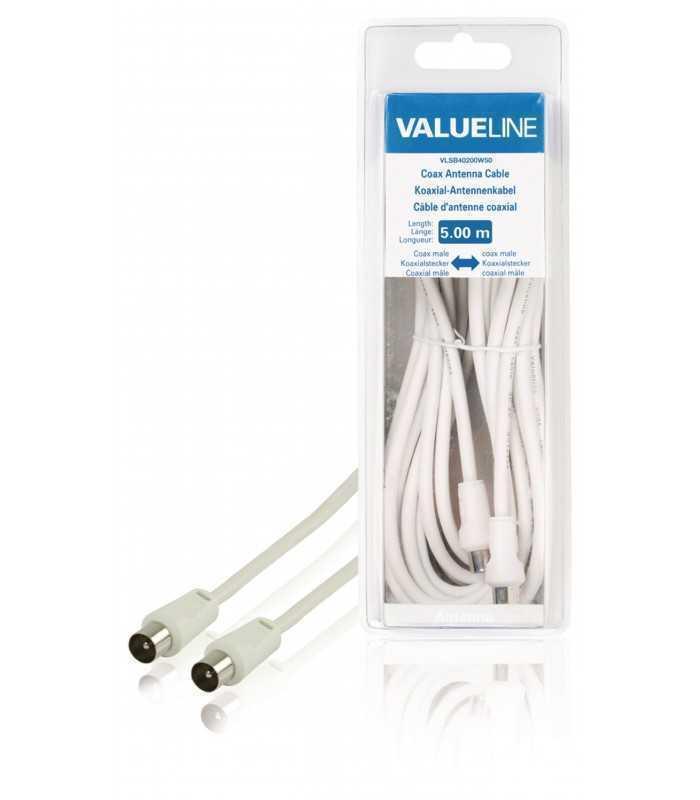 Cablu antena 5m coaxial TV tata - coaxial TV tata alb dublu ecranat Valueline