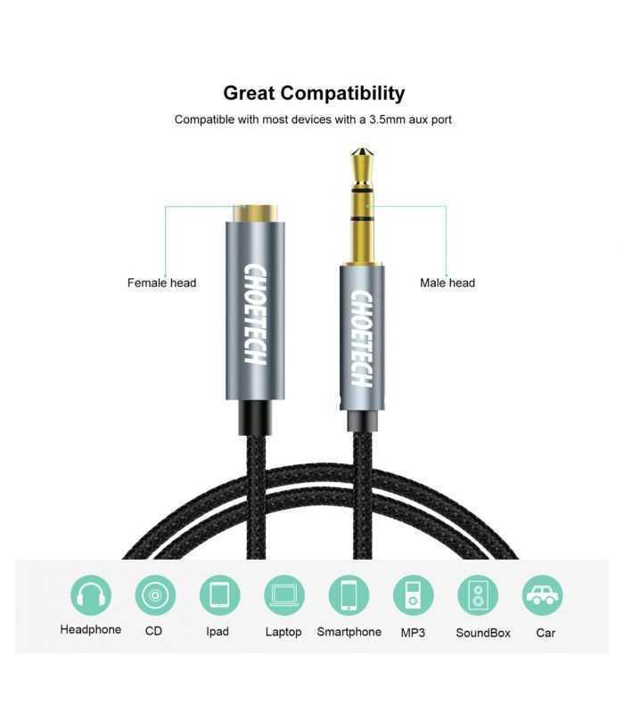 cablu audio jack stereo choetech aux001 35 mm tata 35 mm mama 2m negru 1