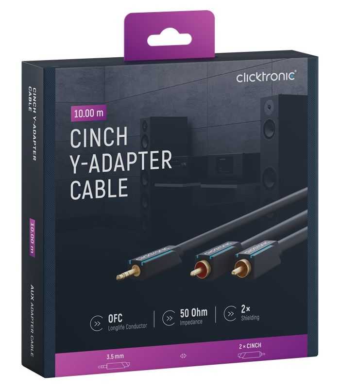 Cablu audio Profesional Jack 3.5 mm - 2x RCA 10m 50ohm OFC cupru dublu ecaranat fara oxigen AWG23 Clicktronic 70471