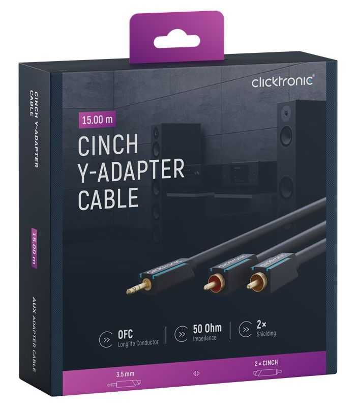 Cablu audio Profesional Jack 3.5 mm - 2x RCA 15m 50ohm OFC cupru dublu ecaranat fara oxigen AWG23 Clicktronic 70473