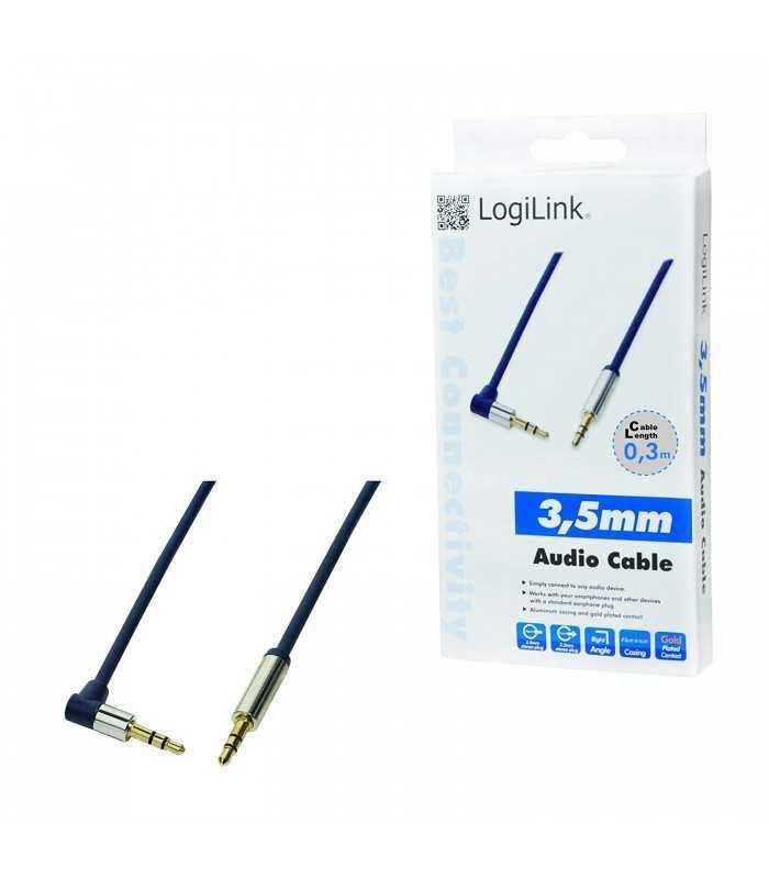 Cablu audio stereo 90 grade Jack 3.5 mm 0.3m tata-tata aurit albastru inchis carcasa aluminiu LOGILINK CA11030